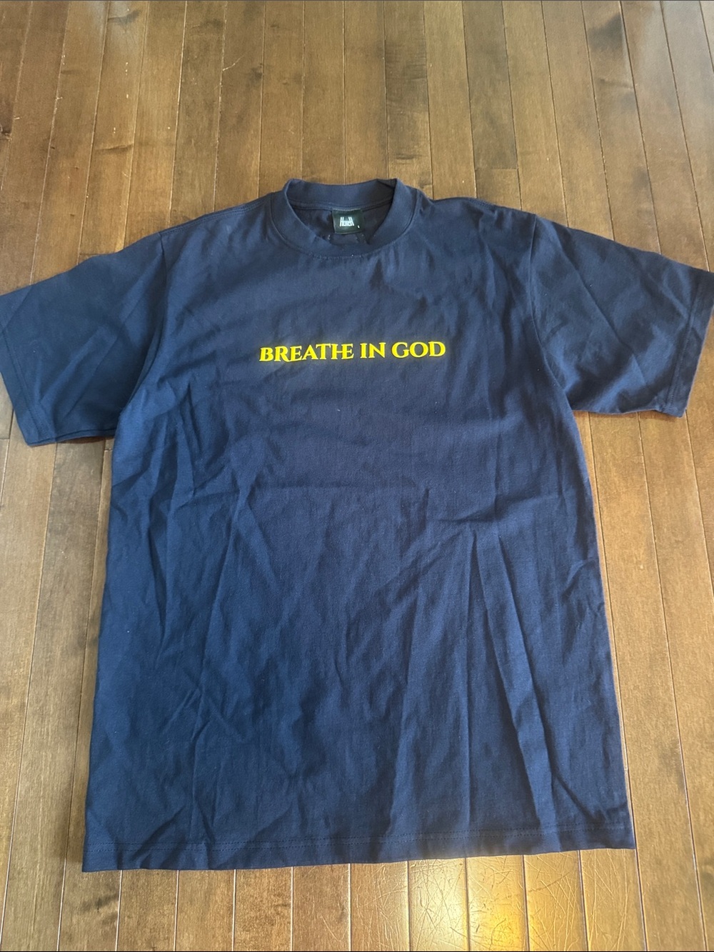 Hutch Navy Tee with Yellow BREATHE IN GOD Chest Print